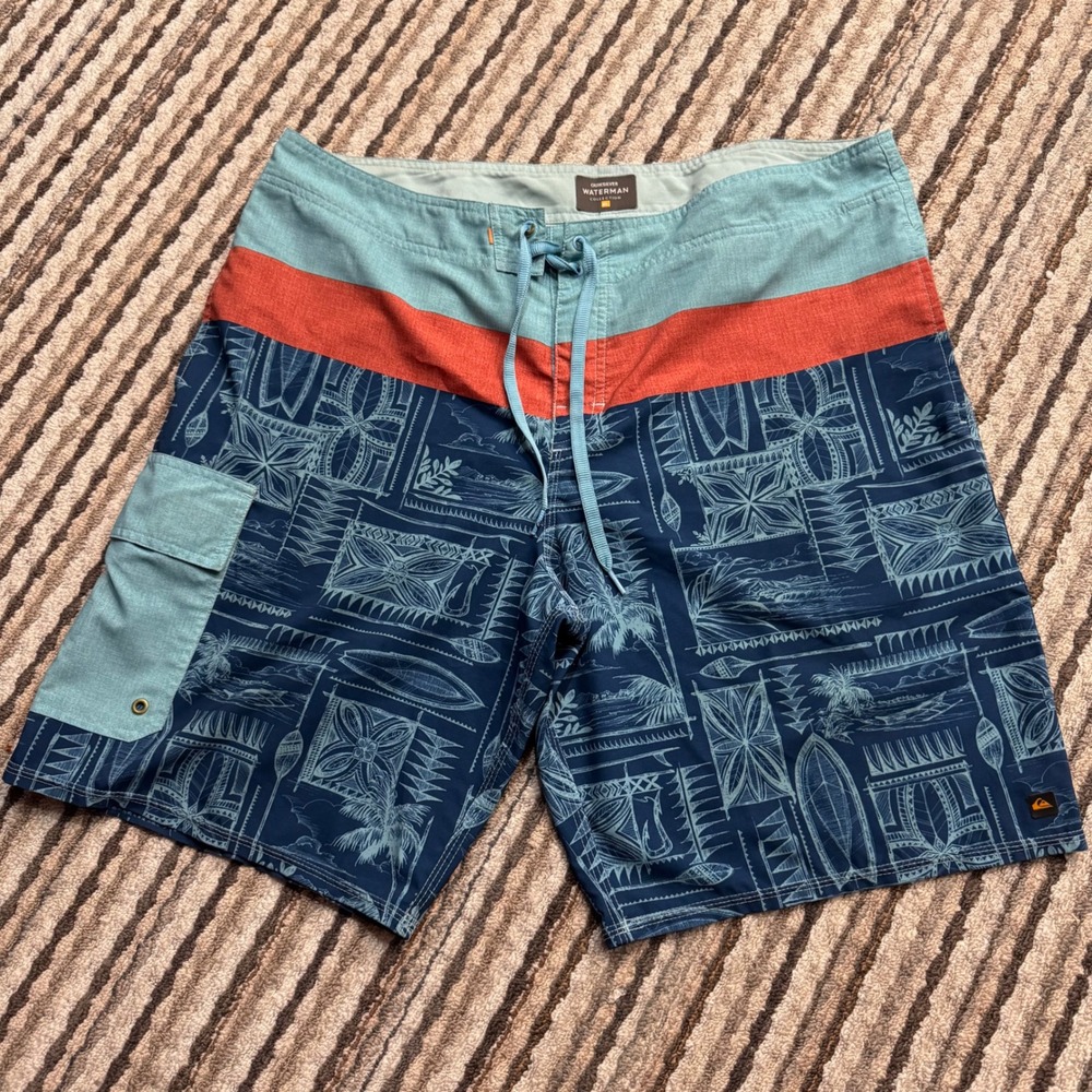 Quiksilver Waterman Board Shorts Swim Trunks Floral Print Beach Surf Size 38
